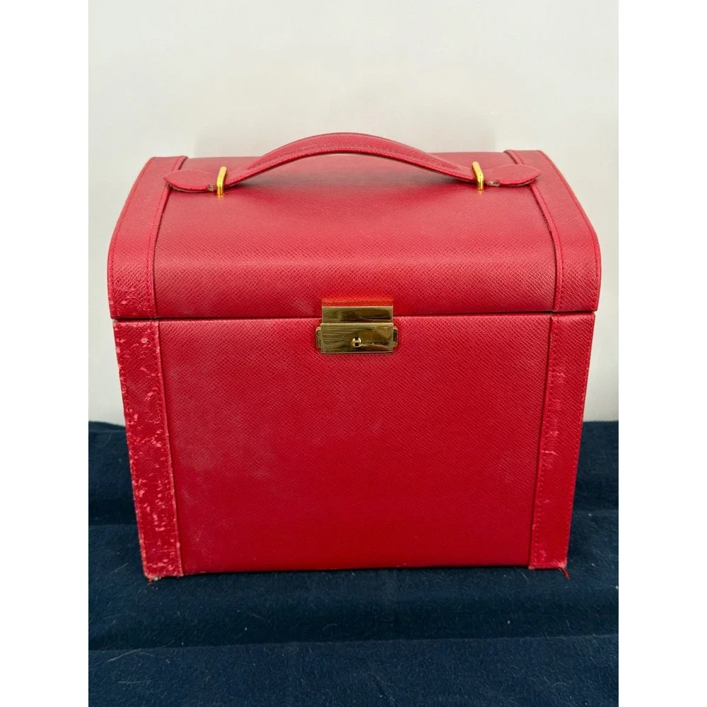 Vtg Large Red Leather Jewelry Box Organizer Multi Drawer Storage Chest Mirror